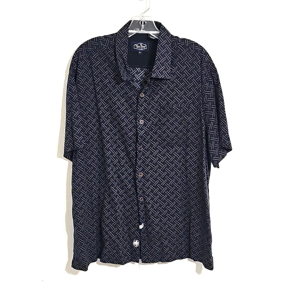 Nat Nast Luxury Originals Shirt Mens XL Blue Geometric Silk Blend Short Sleeve